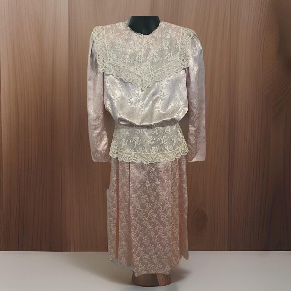 VTG Gunne Sax Pink Prairie Dress Sheer Lace Floral Satin Romantic Cottagecore 9